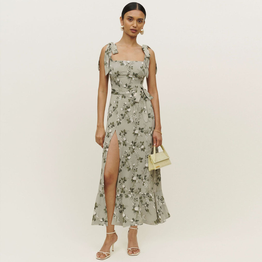 Levoire | Robe Française Longue Décolleté Droit Fentes Verdemilitar