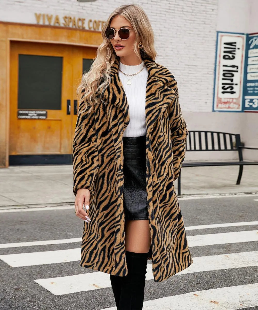 Levoire | Veste en peluche plus longue à motif zèbre Zèbre rayé jaune