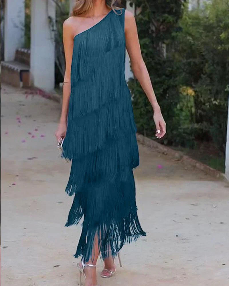 Levoire | Robe Élégante Avec Des Franges Ludiques Blauer Lac