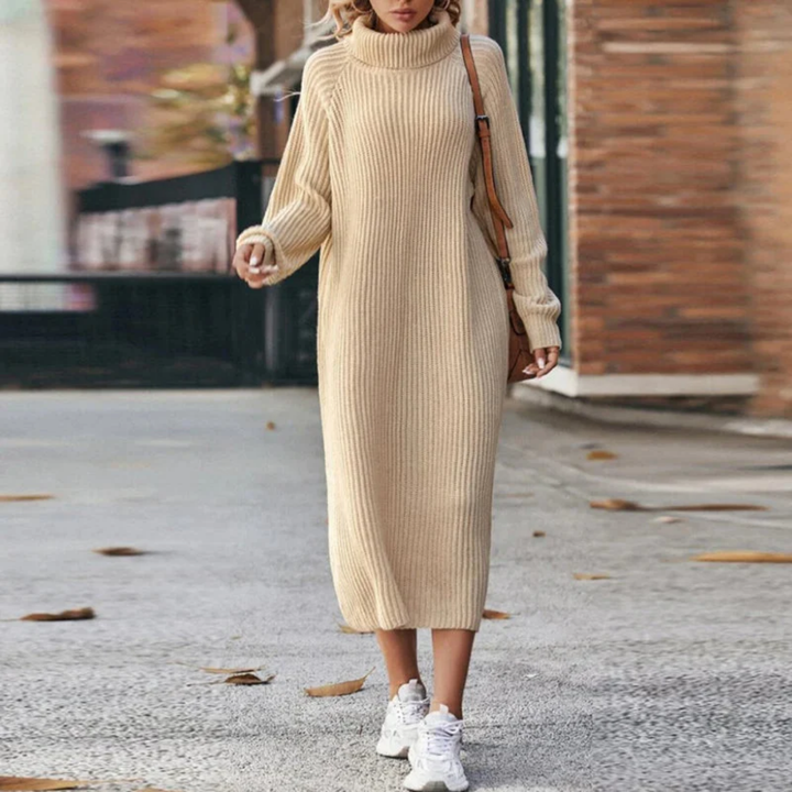 Levoire | Robe midi en tricot avec col roulé pour femmes Kaki
