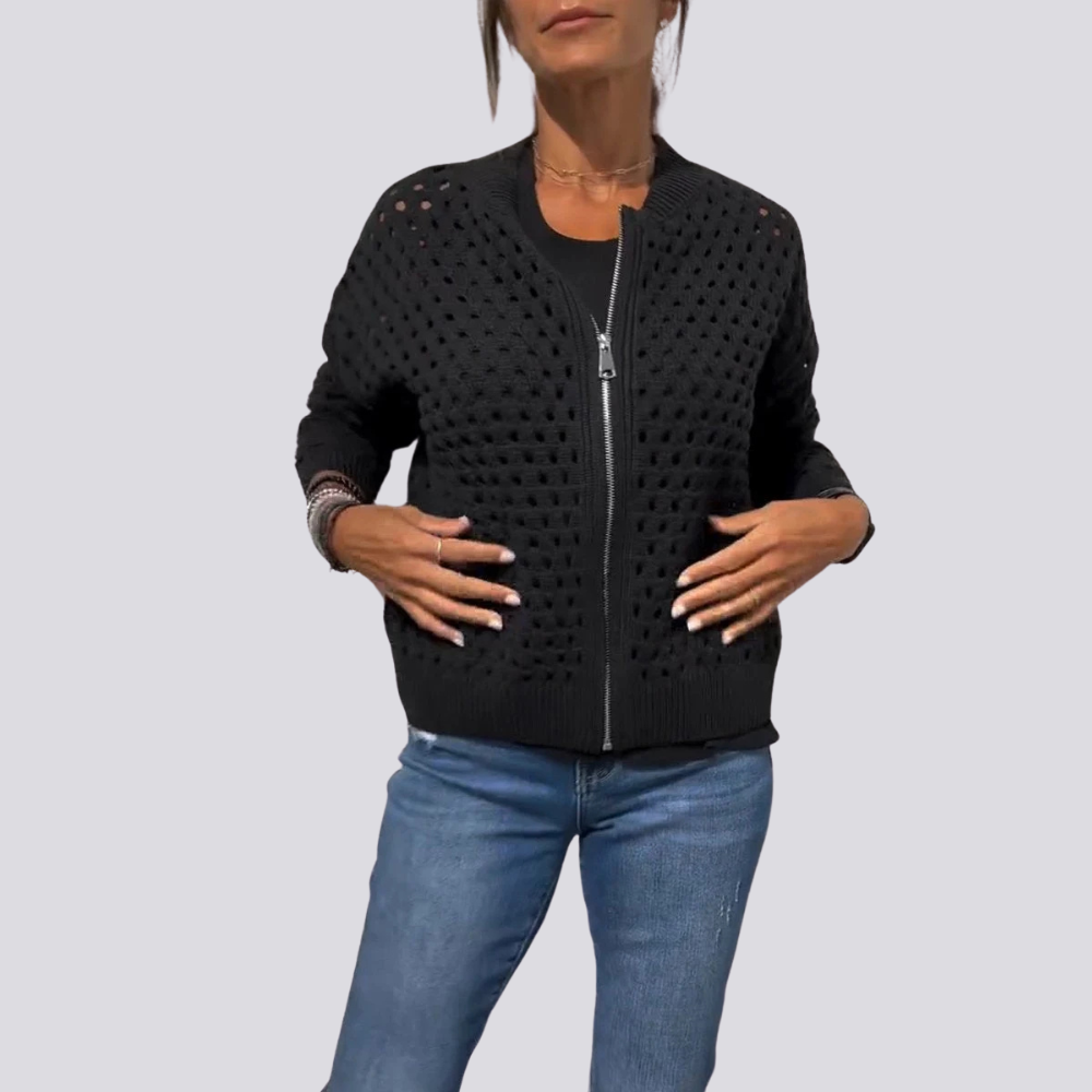 Levoire | Veste Élégante En Tricot À Trous Avec Fermeture Éclair Noir
