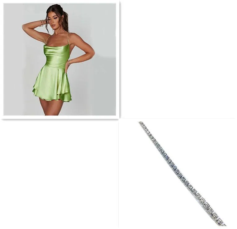 Levoire | Robe trapèze courte élégante en satin avec ruban sans dos Vert clair Argent