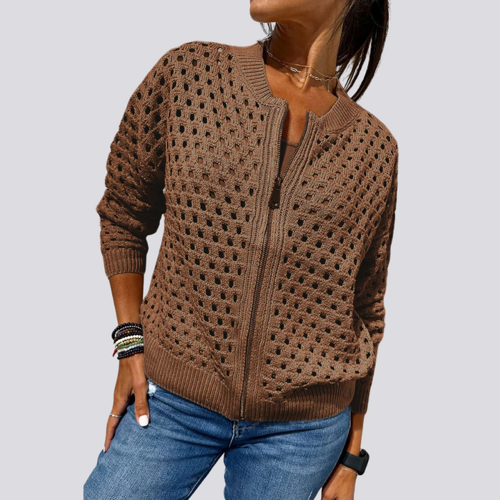 Levoire | Veste Élégante En Tricot À Trous Avec Fermeture Éclair Braun