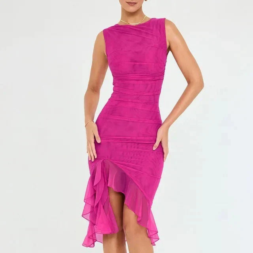 Levoire | Robe De Soirée Noire Avec Des Volants Ludiques Rose foncé