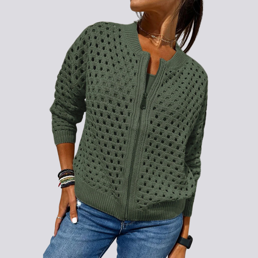 Levoire | Veste Élégante En Tricot À Trous Avec Fermeture Éclair Vert