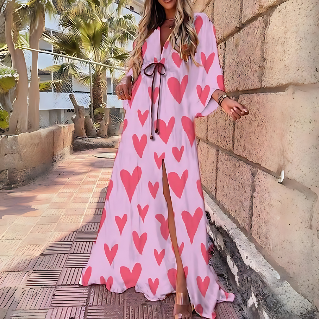 Levoire | Robe Longue Boho Imprimée À Manches Longues De Luxe Avec Ceinture Rosa