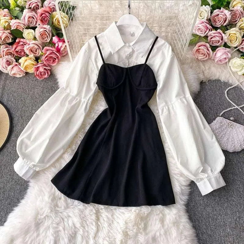 Levoire | Robe avec ceinture, chemisier à manches courtes, manches lanternes, robe à deux pièces Blanc