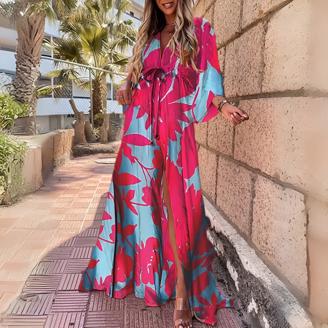 Levoire | Robe Longue Boho Imprimée À Manches Longues De Luxe Avec Ceinture Sinivaurio