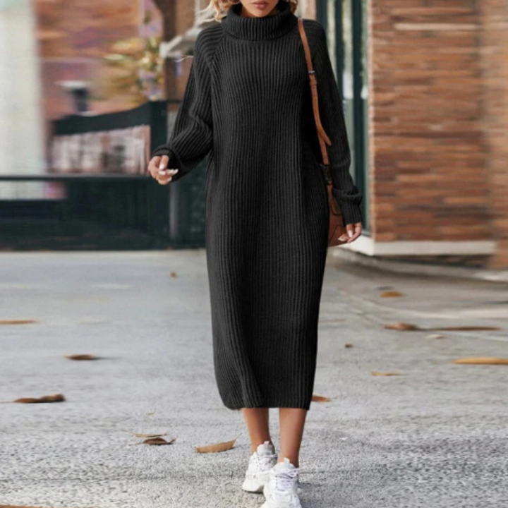 Levoire | Robe midi en tricot avec col roulé pour femmes Noir