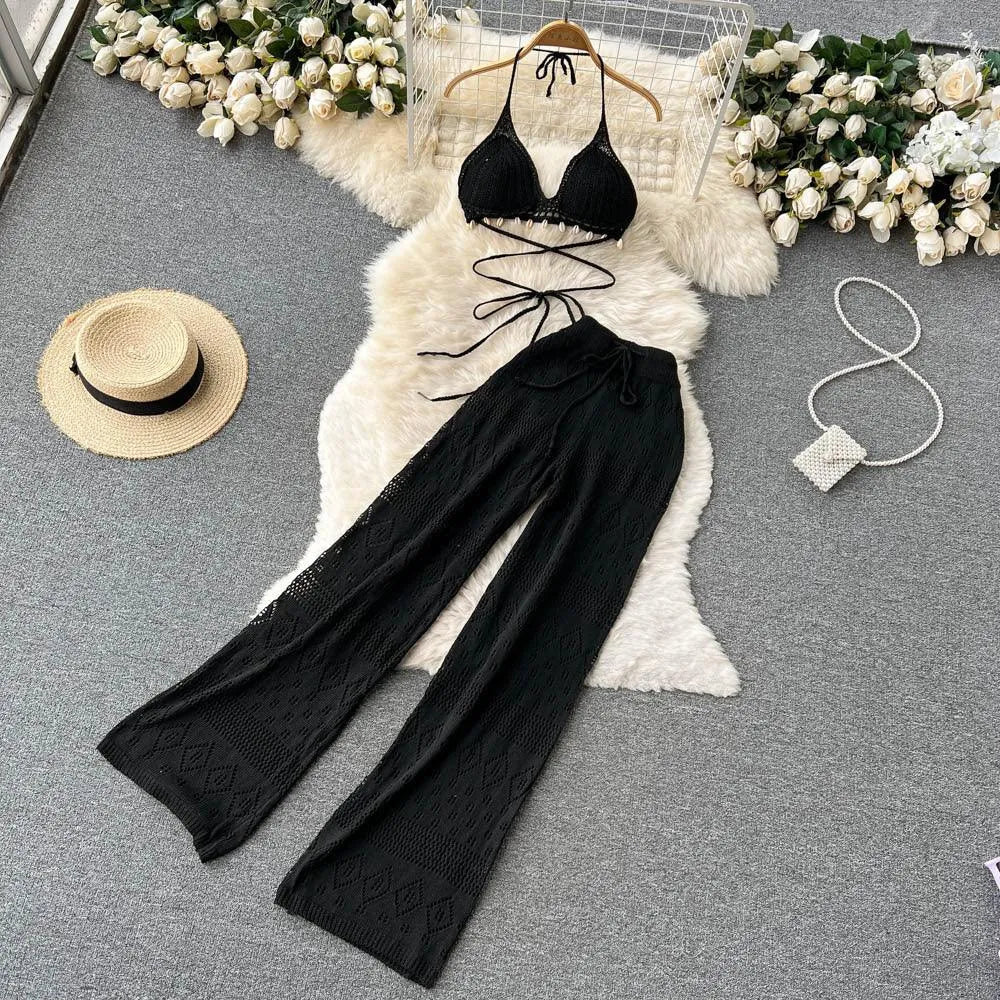 Levoire | Pantalons larges, droits à taille haute avec jambes larges et top Noir Une taille