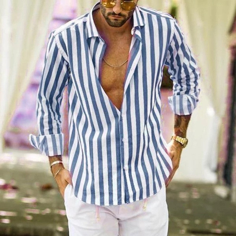 Levoire | Chemise Pour Homme À Manches Longues Avec Revers Rayé Bleu