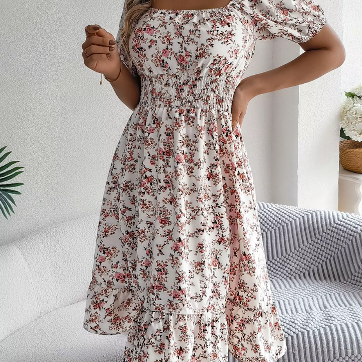 Levoire | Robe Midi Fleur Romantique À Manches Bouffantes Blanc