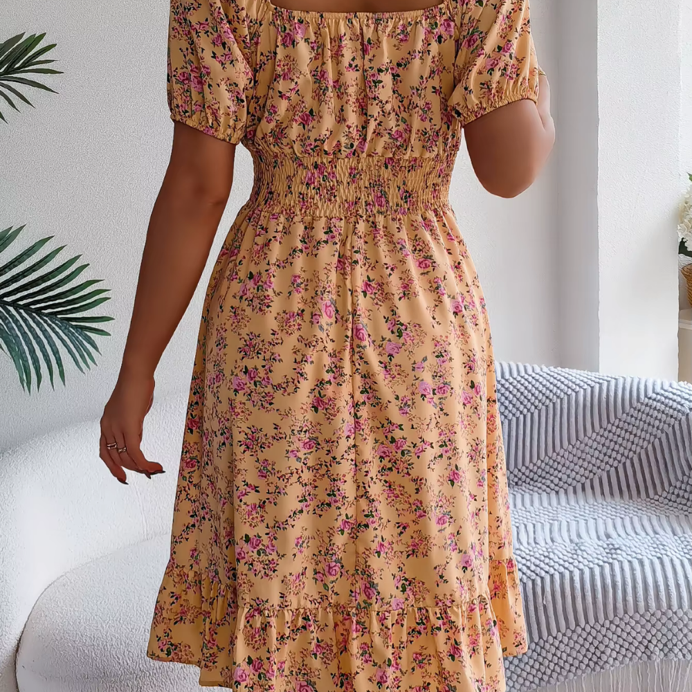 Levoire | Robe Midi Fleur Romantique À Manches Bouffantes