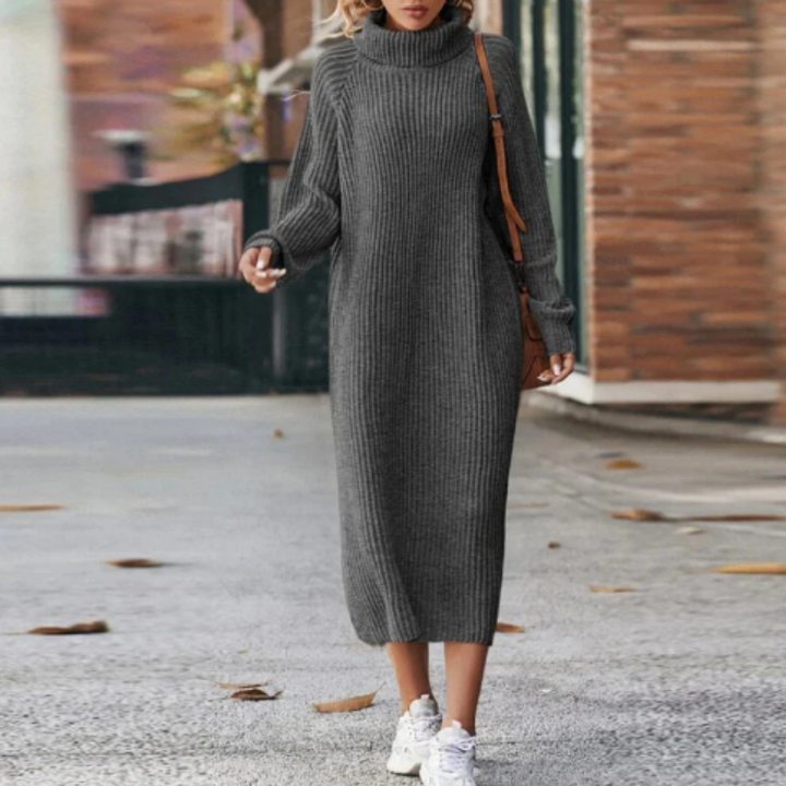 Levoire | Robe midi en tricot avec col roulé pour femmes Gris