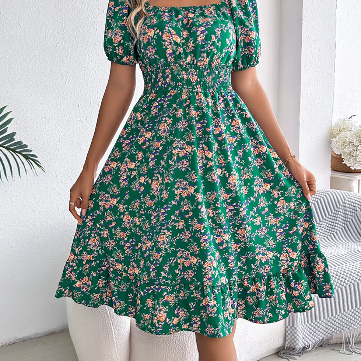 Levoire | Robe Midi Fleur Romantique À Manches Bouffantes Vert