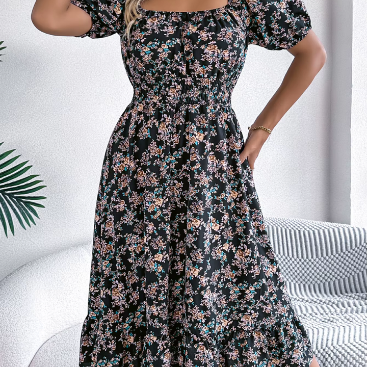 Levoire | Robe Midi Fleur Romantique À Manches Bouffantes Noir