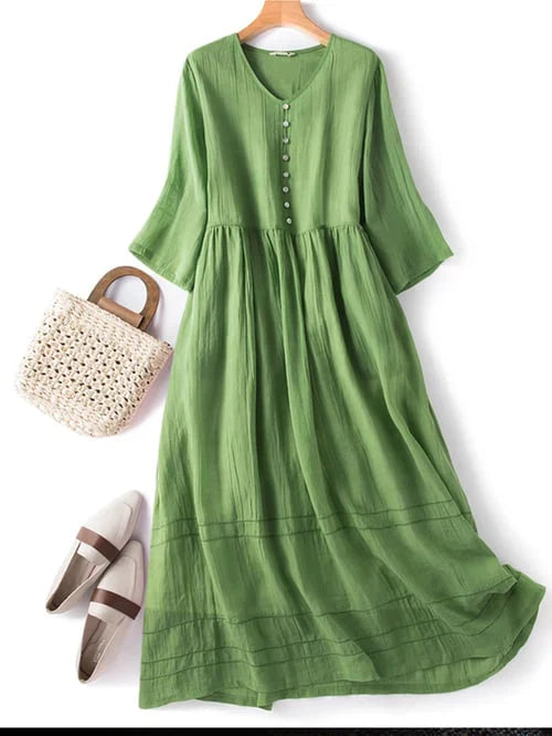 Levoire | Robe Rétro Pour Femmes, Décolleté En V, Unie, Manches Mi-Longues Vert