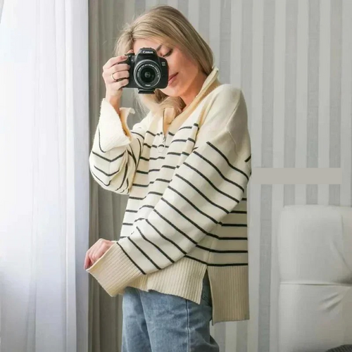 Levoire | Sweat à zip pour femmes, manches côtelées, design rayé