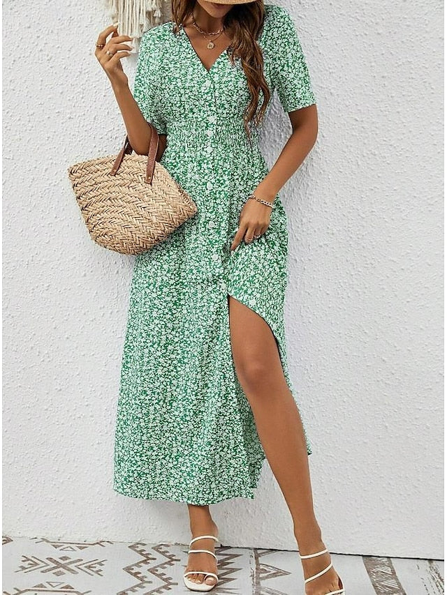 Levoire | Robe Maxi Pour Femmes Avec Manches Courtes Et Décolleté En V