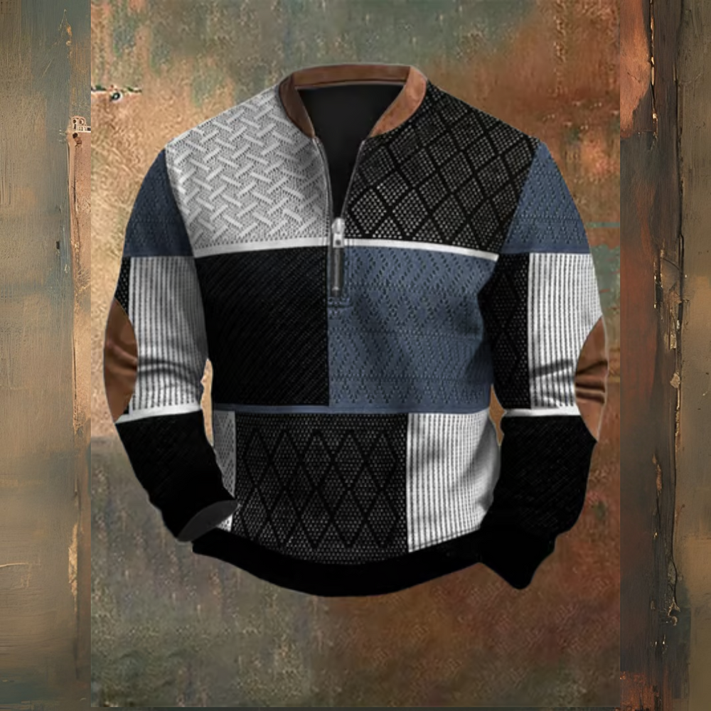 Levoire | Pull Rétro Western Avec Col Zippé Et Imprimé Texturé Bleu