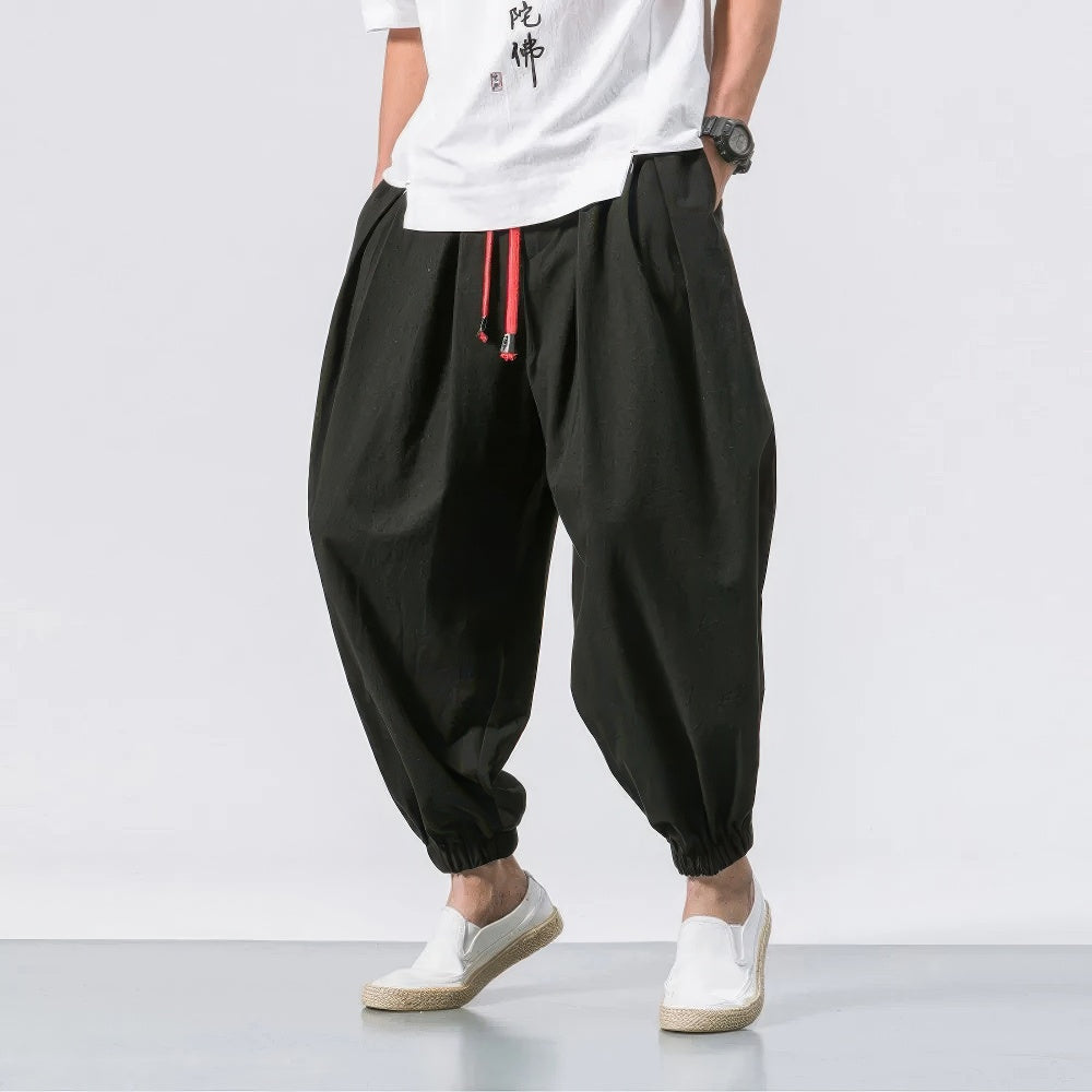 Levoire | Pantalon Harem en Lin pour Homme Pantalon d'Été Confortable pour Hommes Noir