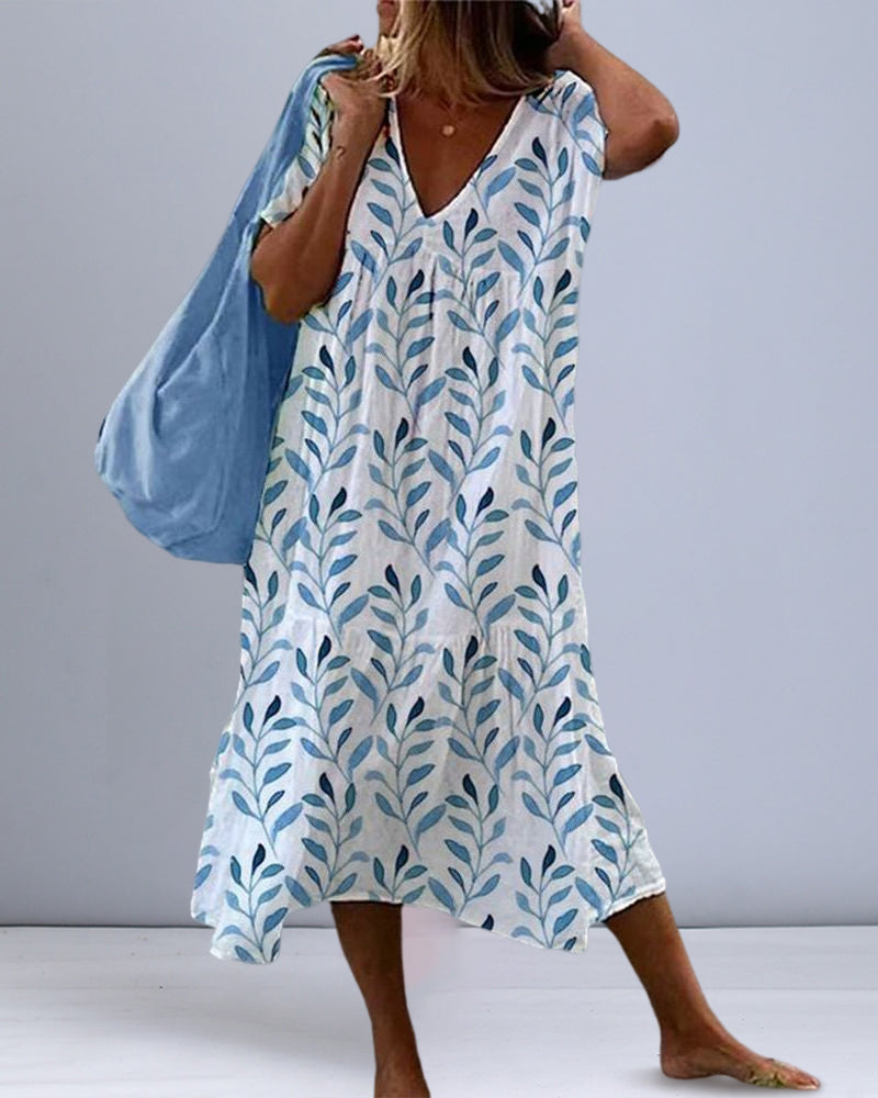 Levoire | Robe pour femme avec décolleté en V et imprimé de feuilles - Bleu