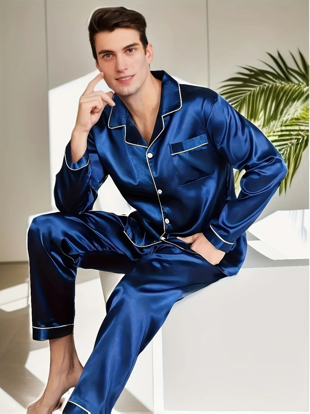 Levoire | Ensemble de pyjama pour hommes en satin de soie Pyjama confortable pour hommes Bleu
