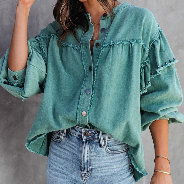 Levoire | Blouse Féminine Tendance En Denim Teinté Vert
