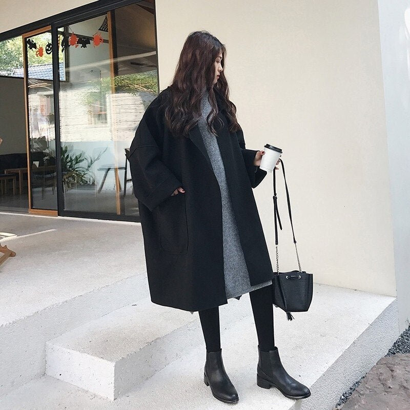 Levoire | Manteau Trench En Laine De Vendange Long Élégant Noir