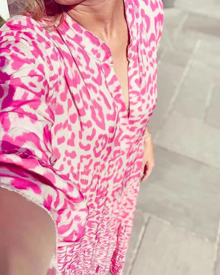 Levoire | Robe Maxi Rose Élégante Avec Motif Léopard