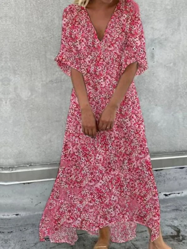 Levoire | Cotton V-Neck Half Sleeve Loose Dress with V-Neck Rosa