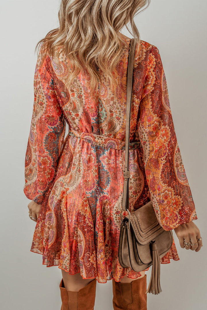 Levoire | Robe Mini Boho Avec Motif Paisley, Manches Longues Et Élégante Ceinture Régulière