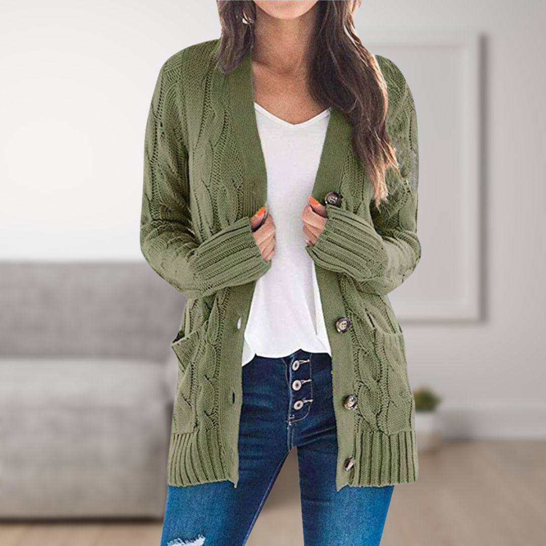 Levoire | Gilet Tricot Mi-Long Avec Boutons Pour Femmes Vert olive Une taille