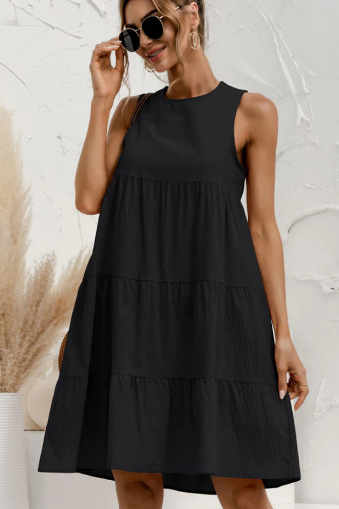 Levoire | Col Rond Unicolore Plissé Sans Manches Mini Robe