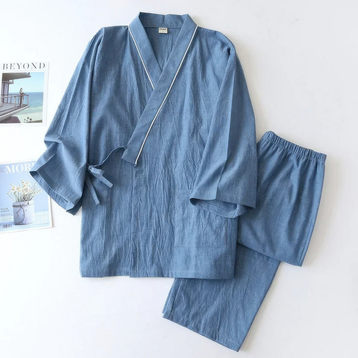 Levoire | Hommes Ensemble de Pyjama Deux Pièces avec Kimono Japonais pour Hommes Bleu