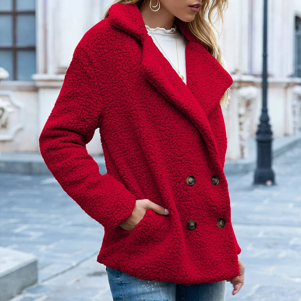 Levoire | Manteau intermédiaire Teddy élégant à double boutons pour femmes Rot