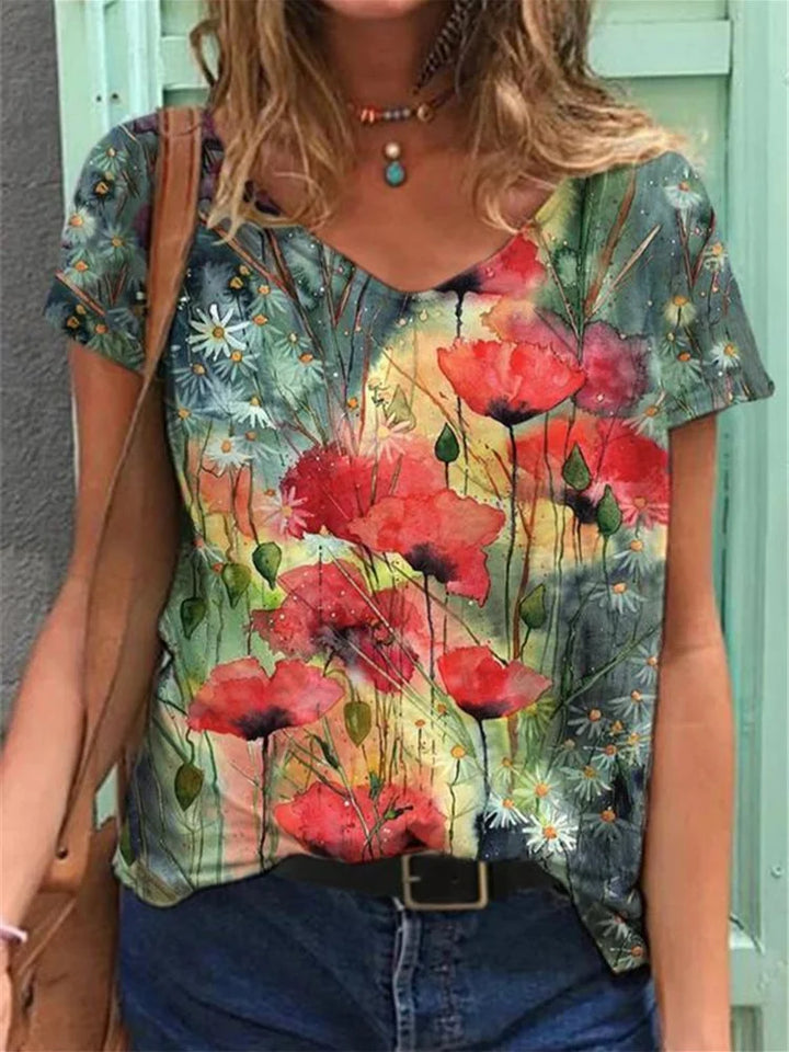 Levoire | T-shirt col V peinture d'art floral Vert foncé