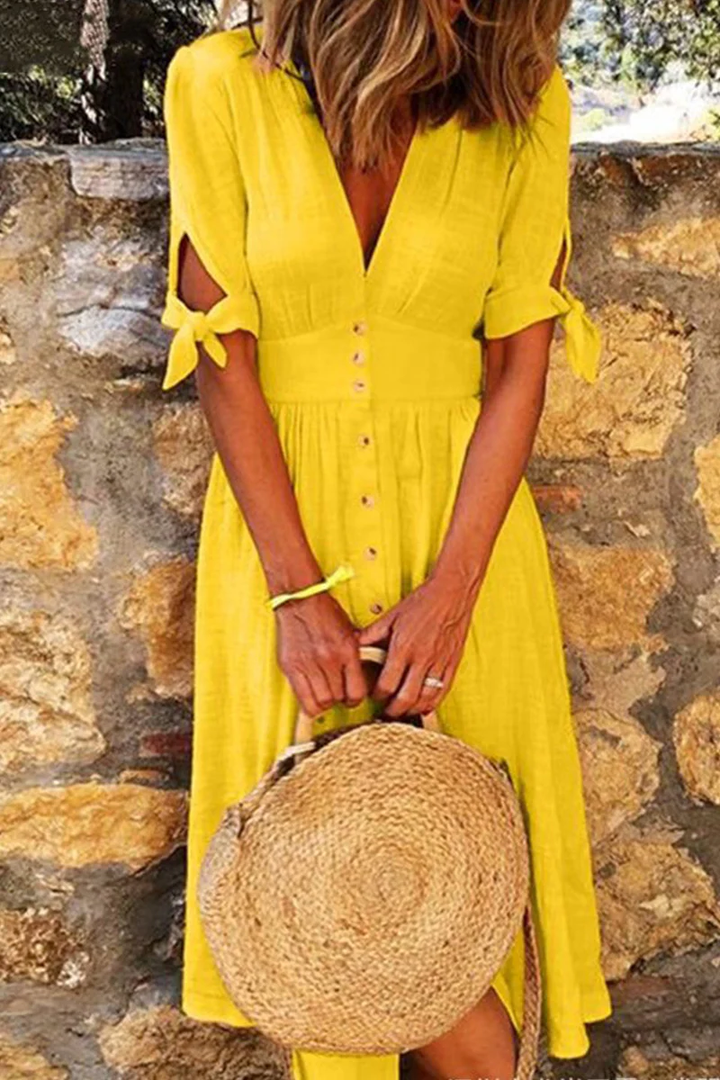 Levoire | Robes décontractées élégantes nouées à col en V avec boucle Jaune