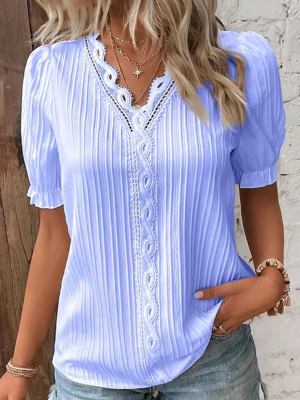 Levoire | Blouse Élégante Avec Décolleté En V Et Dentelle Bleu éclatant