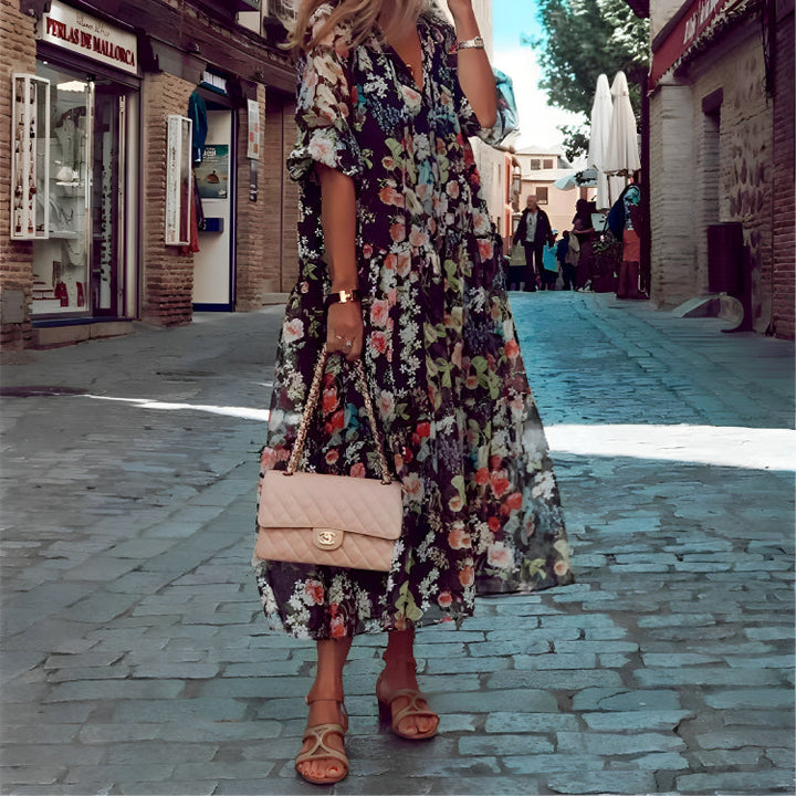 Levoire | Robe Maxi Florale Élégante Robe D'Été Noir Multi-couleur