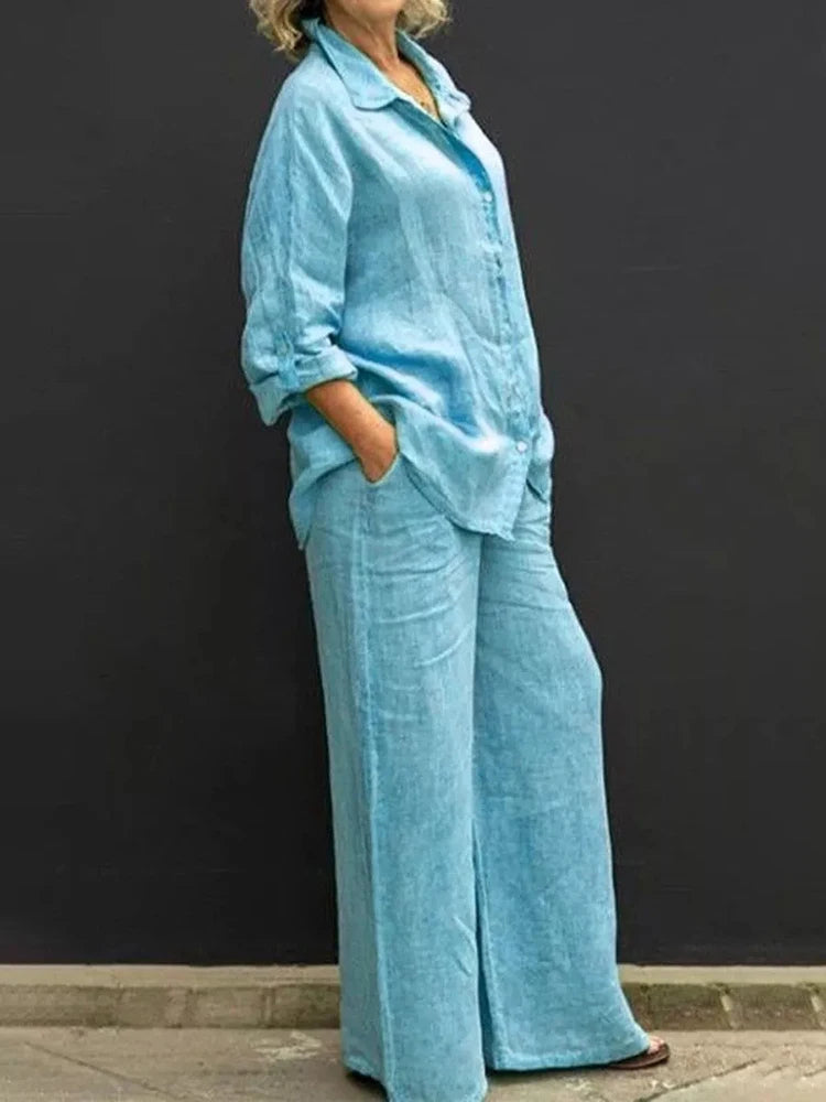 Levoire | Ensemble 2 Pièces En Lin Blouse À Revers Pour Femmes Style Vintage Bleu clair
