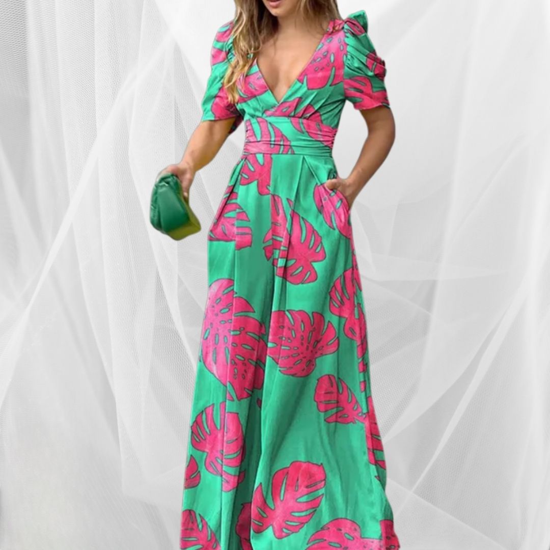 Levoire | Robe Décolleté V Imprimé Stylé Vert Lilas