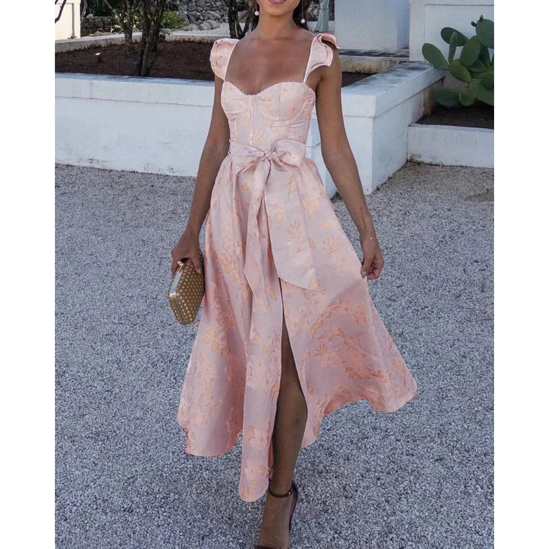 Levoire | Robe D'Invitée De Mariage Pour Femme Avec Nœud Papillon À La Taille - Midi Rose