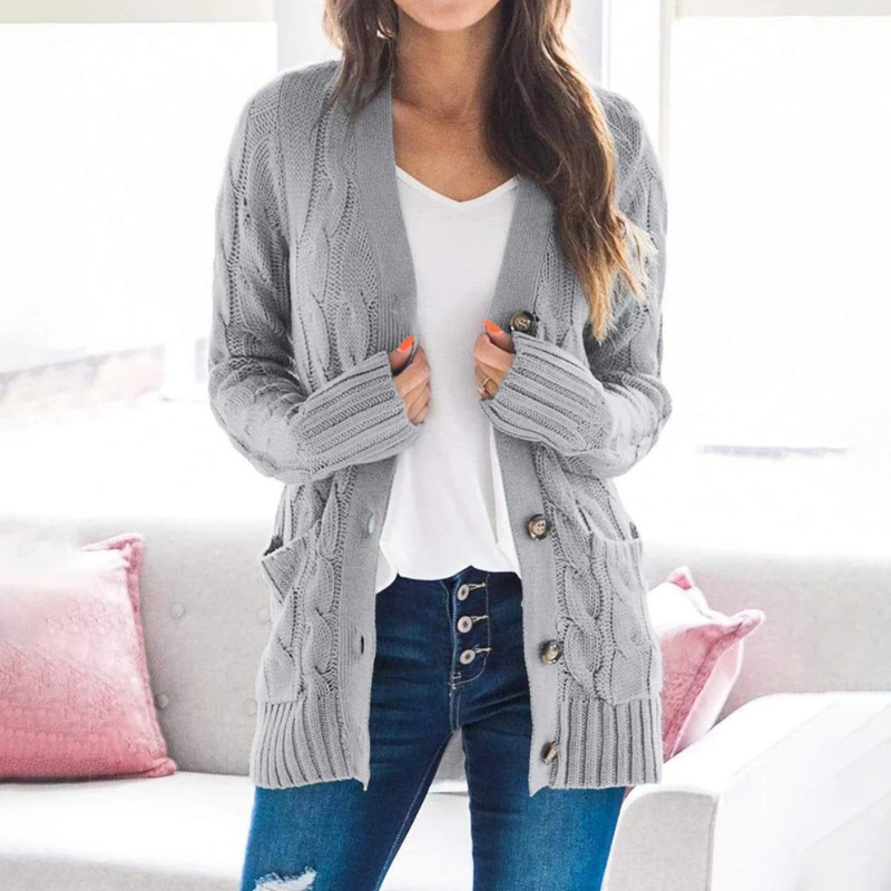 Levoire | Cardigan pour femmes avec motif en cable, boutons et poches Gris