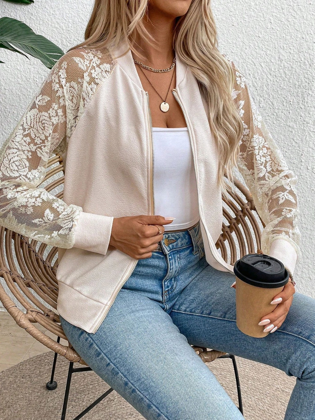Levoire | Veste Zippée Col Baseball En Dentelle