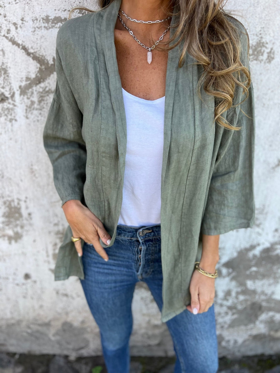 Levoire | Gilet En Lin Avec Volants Et Manches 3/4 Vert