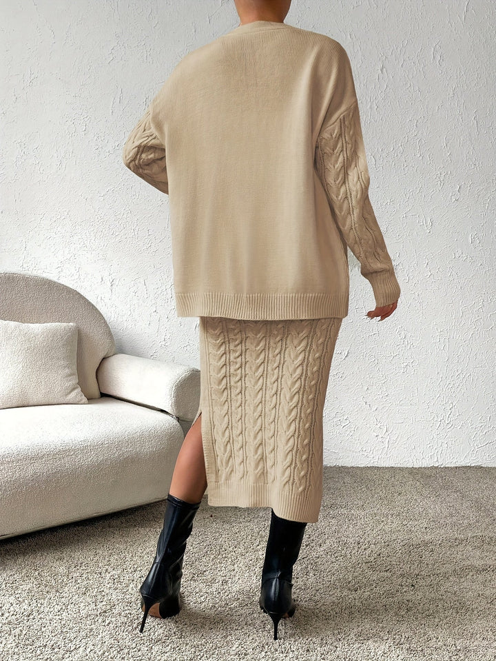 Levoire | Motif Tressé Jupe En Tricot, Élégant, Décolleté Boutonné À L'Avant, Épaules Tombantes, Cardigan À Manches Longues Et Jupe Fendue, Taille Haute, Étroite, Tenues Pour Femmes