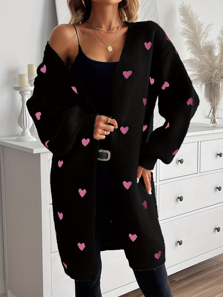 Levoire | Cardigan Long à Motif Cœur avec Pattes de Renforcement Noir