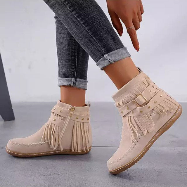 Levoire | Femmes Vintage Bottes Chaudes Avec Franges Beige