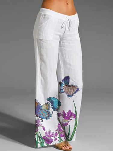 Levoire | Pantalon blanc décontracté imprimé papillon avec poches